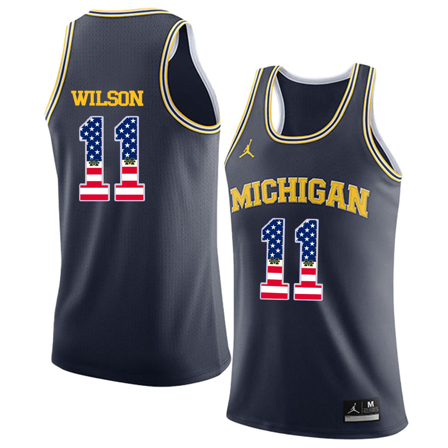 Men Jordan University of Michigan Basketball Navy #11 Wilson Flag Customized NCAA Jerseys->customized ncaa jersey->Custom Jersey